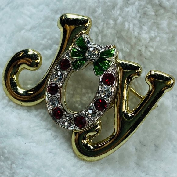 JOY Christmas Pin Brooch Gold Color Wreath Design Around the O Rhinestone Accent - Picture 9 of 13